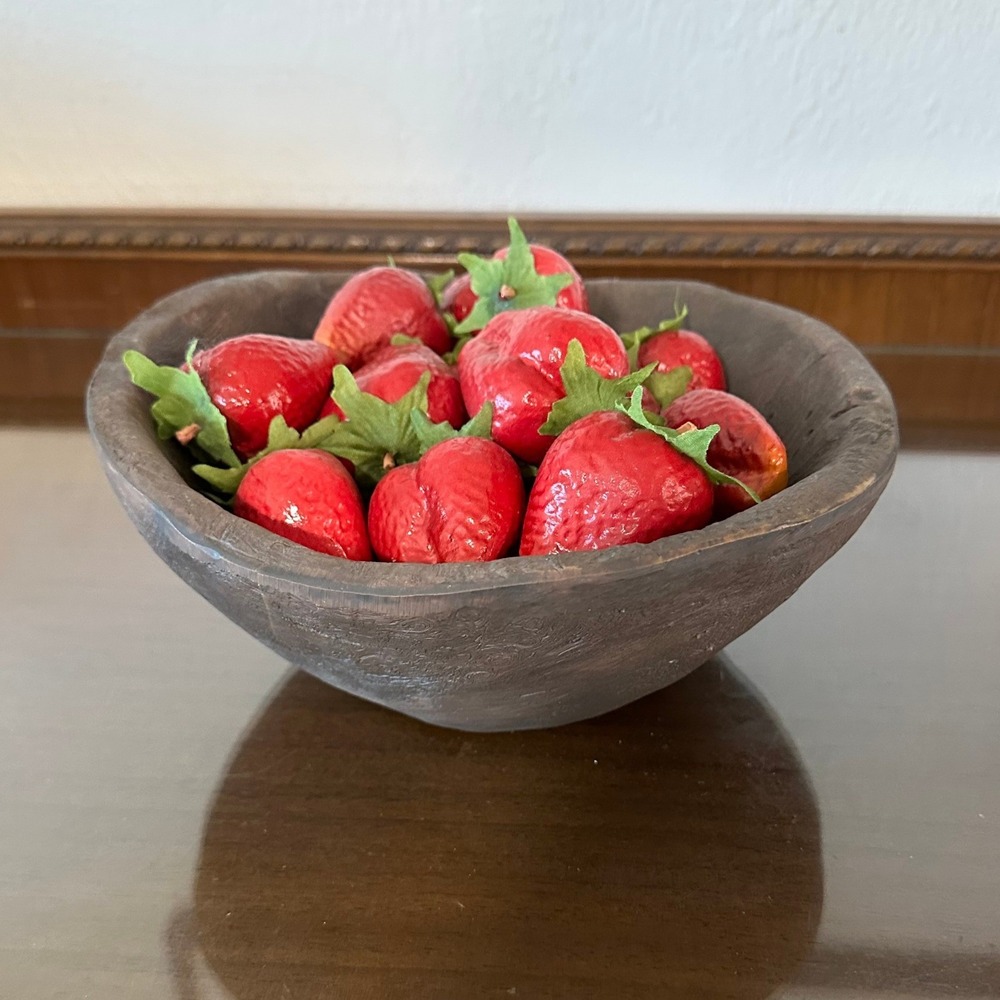 Rustic Dough‎ Bowl with Artificial Strawberries Farmhouse Decor Cottagecore